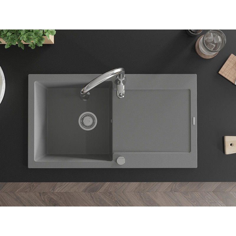 Mexen Leo гранитна мивка с 1 отделение с отцедник и кухненски смесител Savita, сив - 6501-71-672601-00
