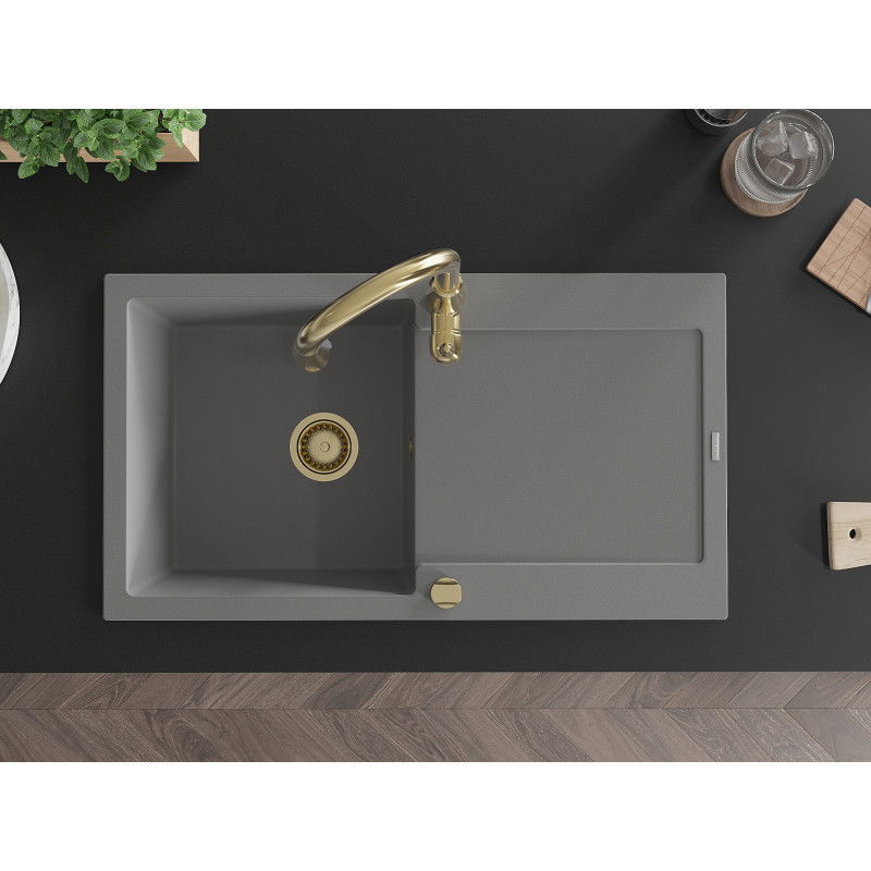 Mexen Leo гранитна кухненска мивка 1-коморна с отцедник и кухненски смесител Savita, сива - 6501-71-672601-50