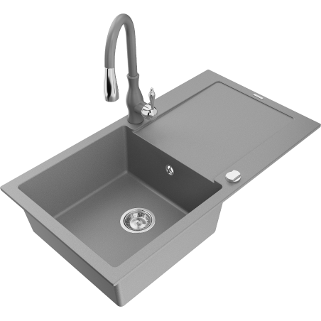 Mexen Leo гранитна кухненска мивка с 1 отделение и отцедник, с кухненски смесител Savita, сив - 6501-71-672601-71