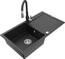 Mexen Leo гранитна мивка с 1 отделение и отцедник и кухненски смесител Savita, черен/сребърен металик - 6501-73-672601-70