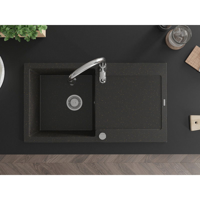 Mexen Leo гранитна мивка с 1 отделение, отцеждач и кухненски смесител Savita, черен/златист металик - 6501-75-672601-00