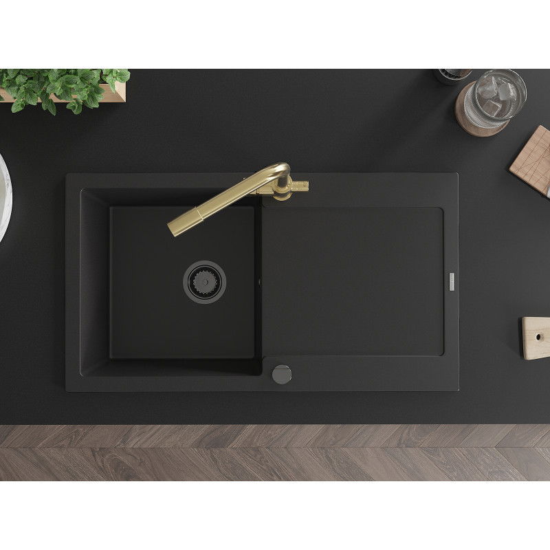 Mexen Leo гранитна кухненска мивка с 1 корито с отцедник и кухненски смесител Duero, черен - 6501-77-671600-50
