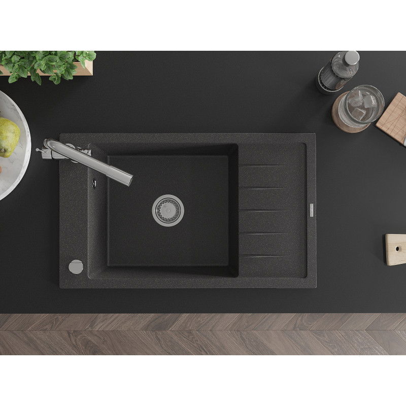 Mexen Elias еднокамерен гранитен мивка с умивалник и кухненски смесител Duero, черен с пръски - 6511-76-671600-00