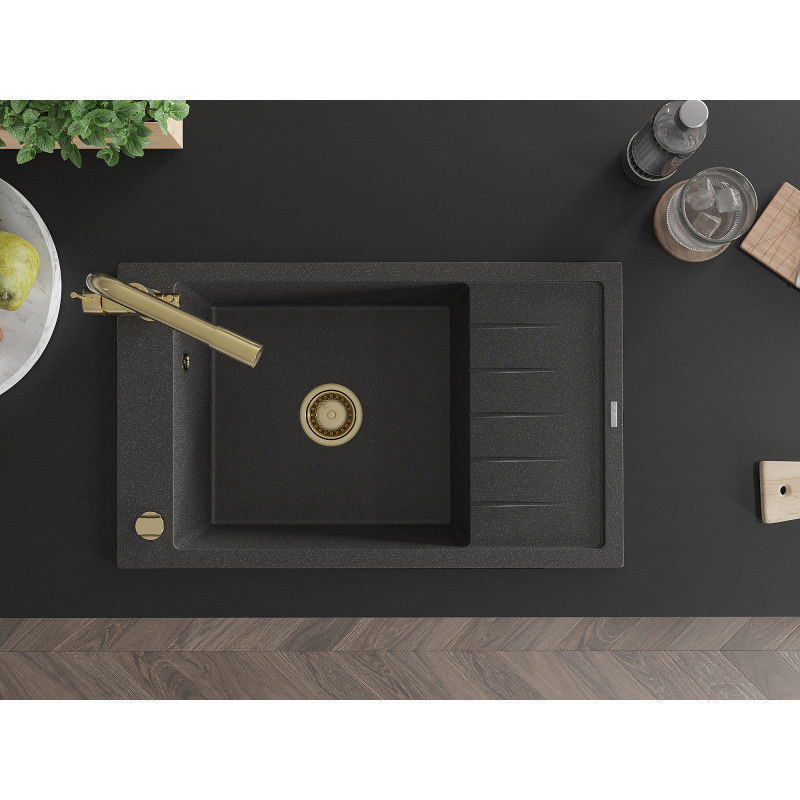 Mexen Elias единична мивка от гранит с отцедник и кухненски смесител Duero, черен на пръски - 6511-76-671600-50