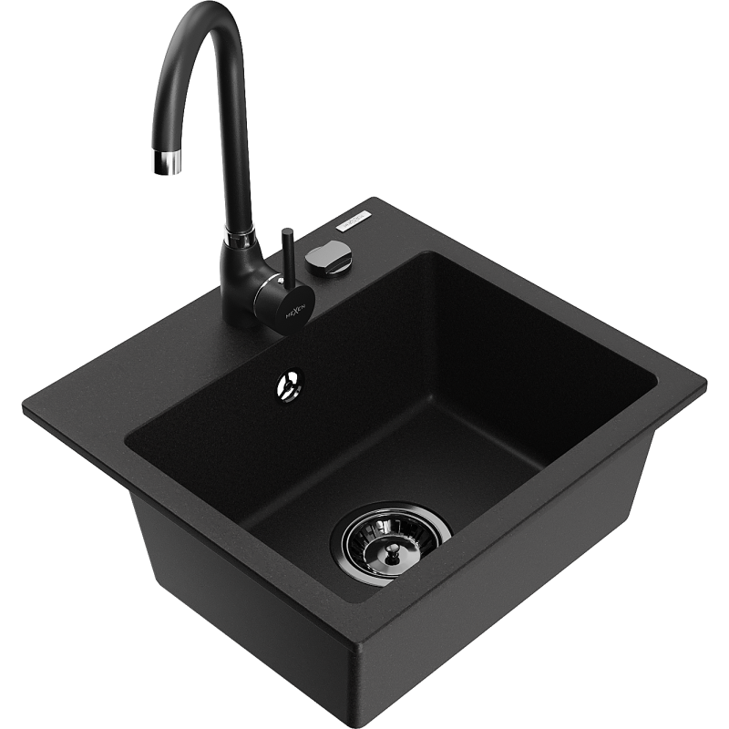 Mexen Milo гранитна кухненска мивка с 1 отделение и кухненски смесител Telma, черен - 6505-77-670200-70-B