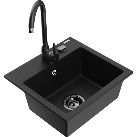 Mexen Milo гранитна кухненска мивка с 1 отделение и кухненски смесител Telma, черен - 6505-77-670200-70-B