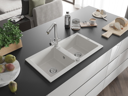 Мексен Марио гранитна мивка 2-камерна с кухненски кран Дуеро, бял - 6504-20-671600-00