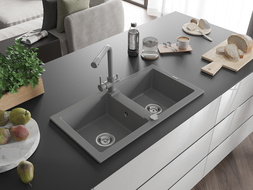 Mexen Mario гранитна мивка с 2 отделения и кухненски смесител Duero, сив - 6504-71-671600-71