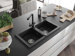 Мексен Марио гранитен мивка 2-коморен с кухненския кран Дуеро, черен - 6504-77-671600-70