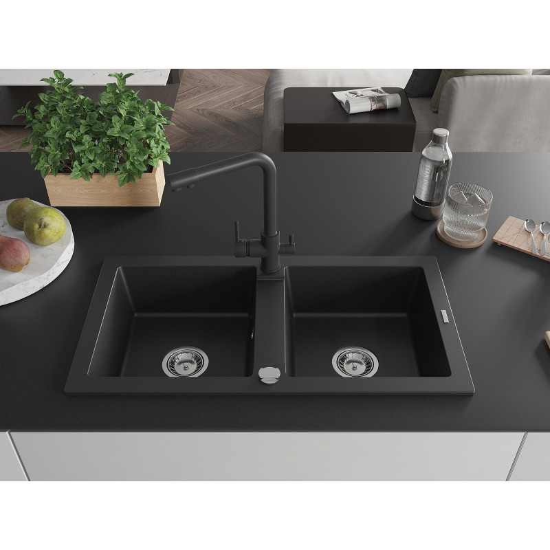 Mexen Mario гранитна кухненска мивка с 2 камери и кухненски смесител Duero,