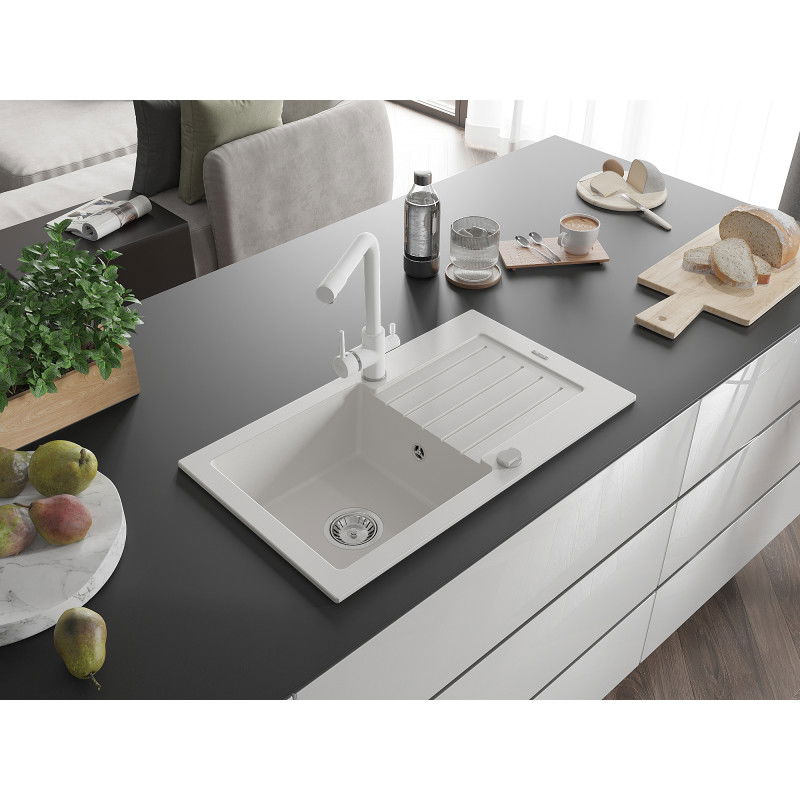 Mexen Pablo кухненска мивка от гранит с 1 корито с отцедник и кухненски смесител Duero, бял - 6510-20-671600-20