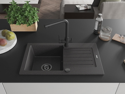 Mexen Pablo гранитна мивка с 1 корито с отцедник и кухненски смесител Duero, черна с пръски - 6510-76-671600-70-B