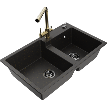 Mexen Tomas гранитна мивка с 2 отделения с кухненски смесител Duero, черно/златен металик - 6516-75-671600-50-B