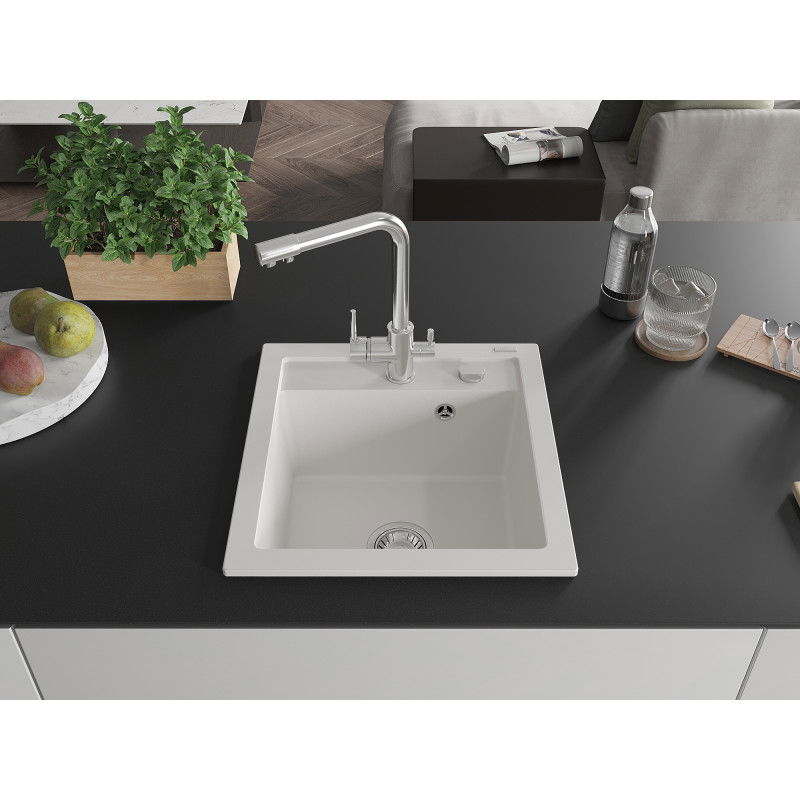 Mexen Vito гранитна мивка с 1 отделение с кухненски смесител Duero, бял - 6503-20-671600-00