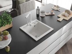 Mexen Vito гранитна кухненска мивка с едно корито и кухненски смесител Duero, бял - 6503-20-671600-20
