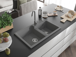 Mexen Tomas гранитна мивка с 2 камери и кухненски смесител Telma, Сив - 6516-71-670200-71