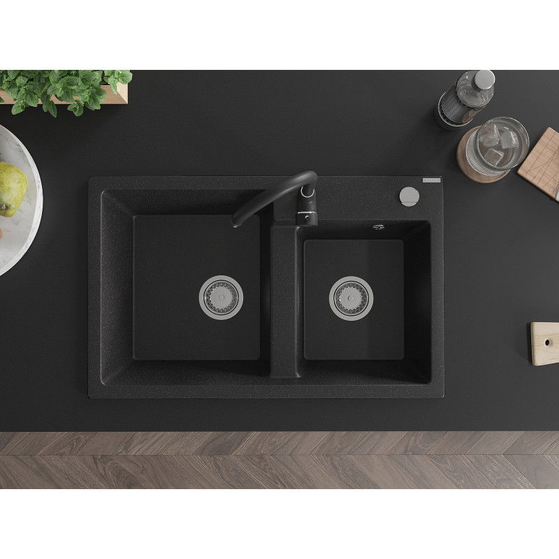 Mexen Tomas гранитна мивка с 2 отделения и кухненски смесител Telma, черен/сребрист металик - 6516-73-670200-70