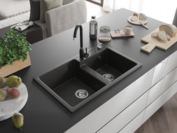 Mexen Tomas гранитна мивка с 2 отделения и кухненски смесител Telma, черно/златен металик - 6516-75-670200-70