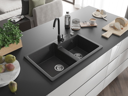 Mexen Tomas гранитна мивка с 2 камери и кухненски смесител Telma, черно на пръски - 6516-76-670200-70