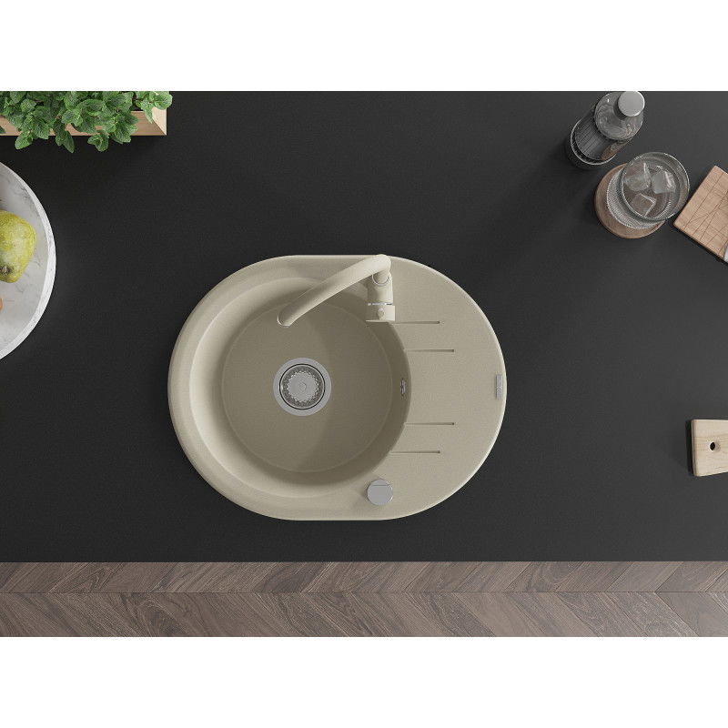 Mexen Kevin гранитна мивка с 1-камерен корито с изцеждач и кухненски смесител Telma, бежов - 6517-69-670200-69