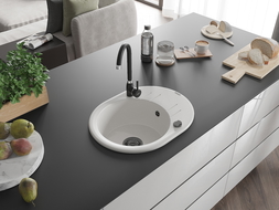 Mexen Kevin гранитна мивка с една камера и изцедник 586 x 458 мм, бял, черен сифон - 6517581005-20-B