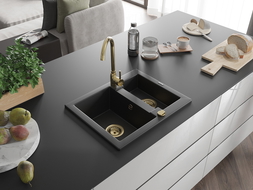 Mexen Carlos гранитна мивка с 1,5 камери 582 x 475 мм, черна, сифон златен