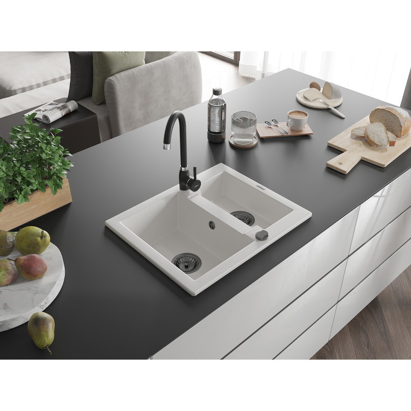 Mexen Carlos гранитна мивка 1,5-камерна 582 x 475 мм, бяла, сифон черен - 6518581500-20-B